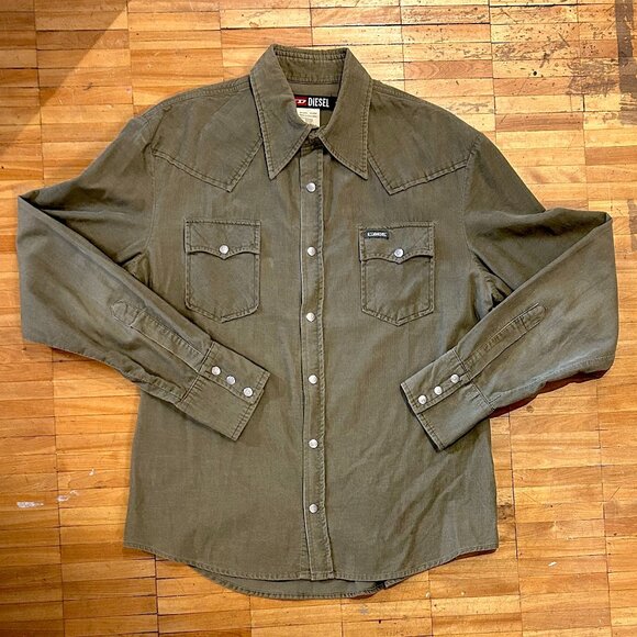 VINTAGE KHAKI DIESEL WESTERN STYLE PRE-WASHED CORDUROY SHIRT - Picture 1 of 9